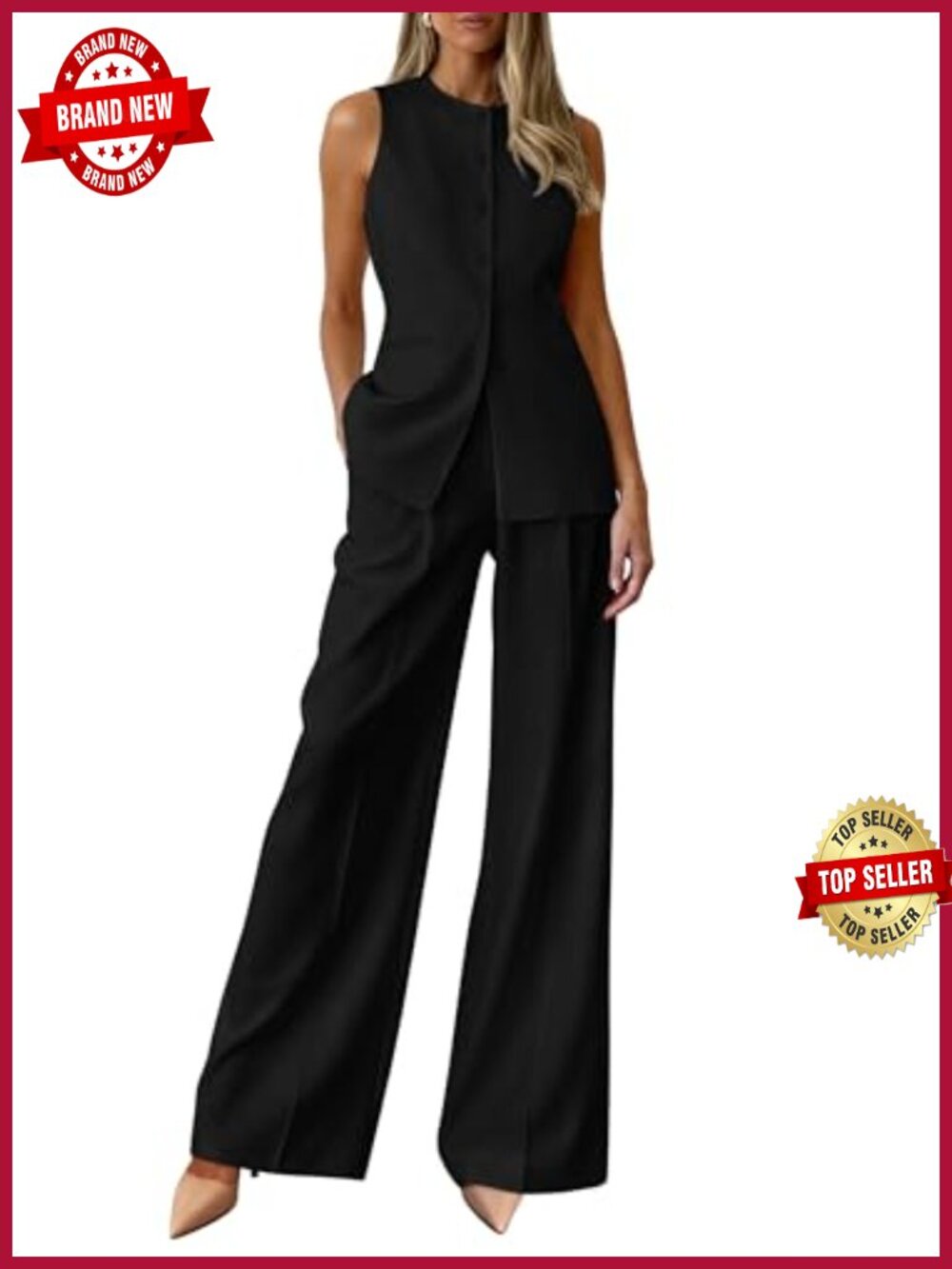 PRETTYGARDEN 2 Piece Sleeveless Vest Wide Leg Pantsuit Set Business Casual